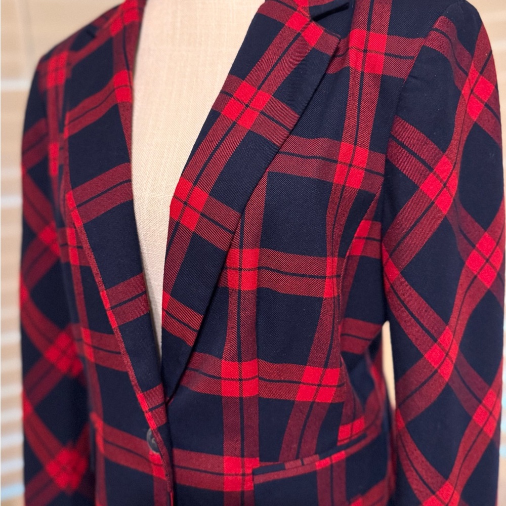 New York and Company Red and Navy Blue Plaid Blazer - Picture 4 of 8